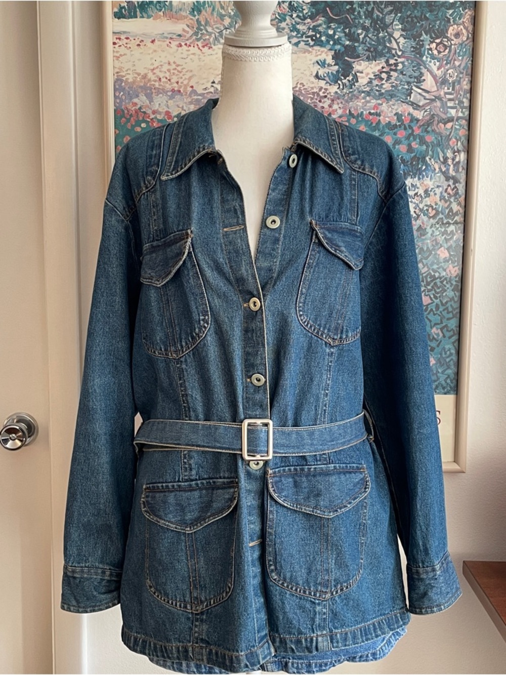 VTG 90s New Directions Denim Jacket Large Medium Wash Belted Western Cowgirl